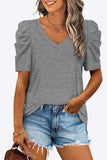 V-Neck Puff Sleeve Tee - Trendsi - Flyclothing LLC