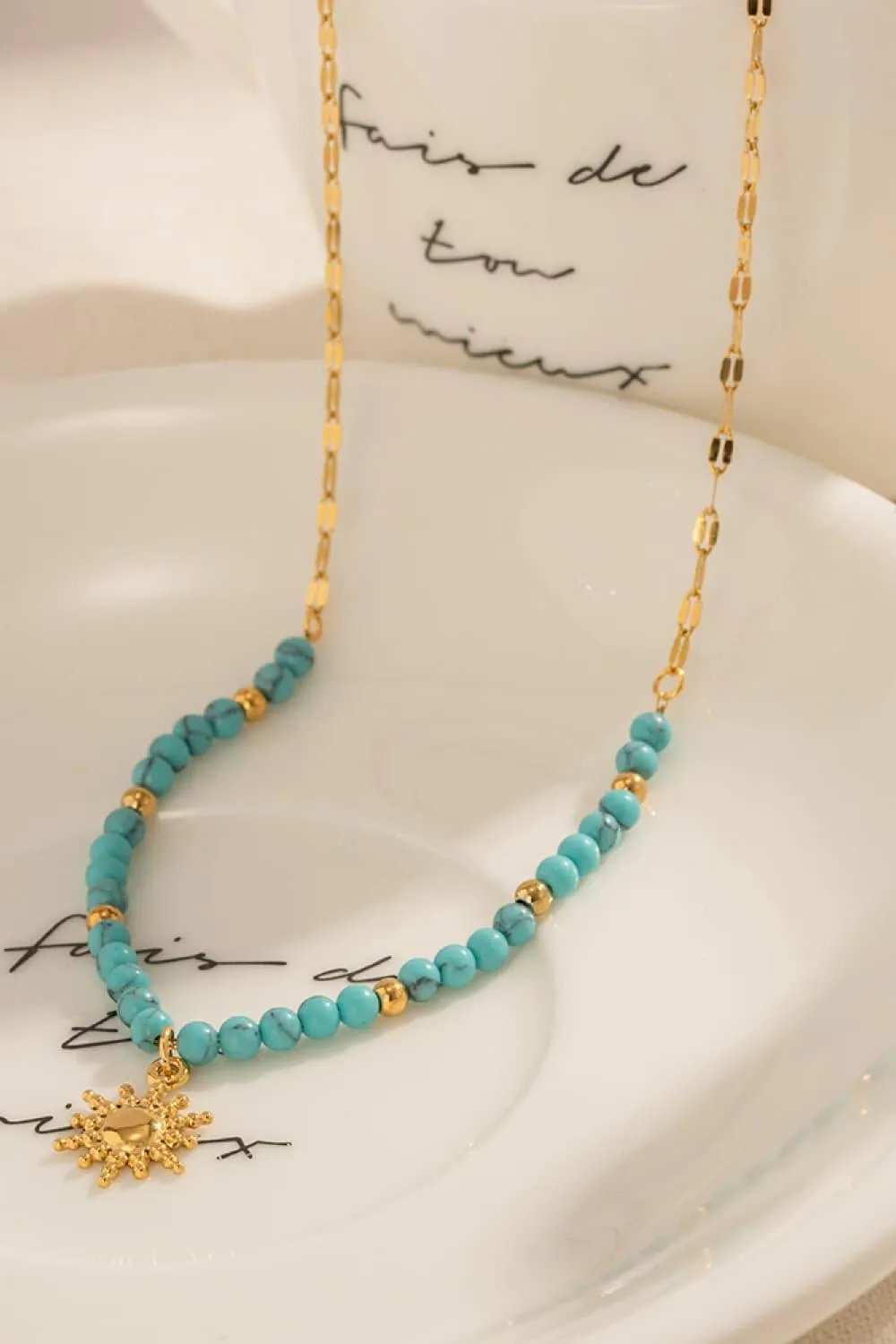 Turquoise Beaded 18K Gold-Plated Sun Shape Pendant Necklace - Trendsi - Flyclothing LLC