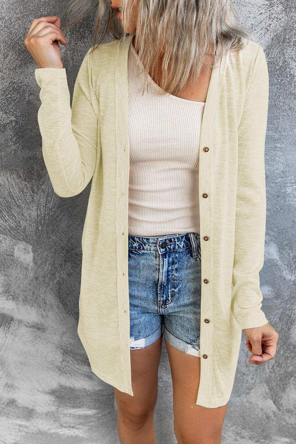 Button Down Long Sleeve Longline Cardigan - Trendsi - Flyclothing LLC