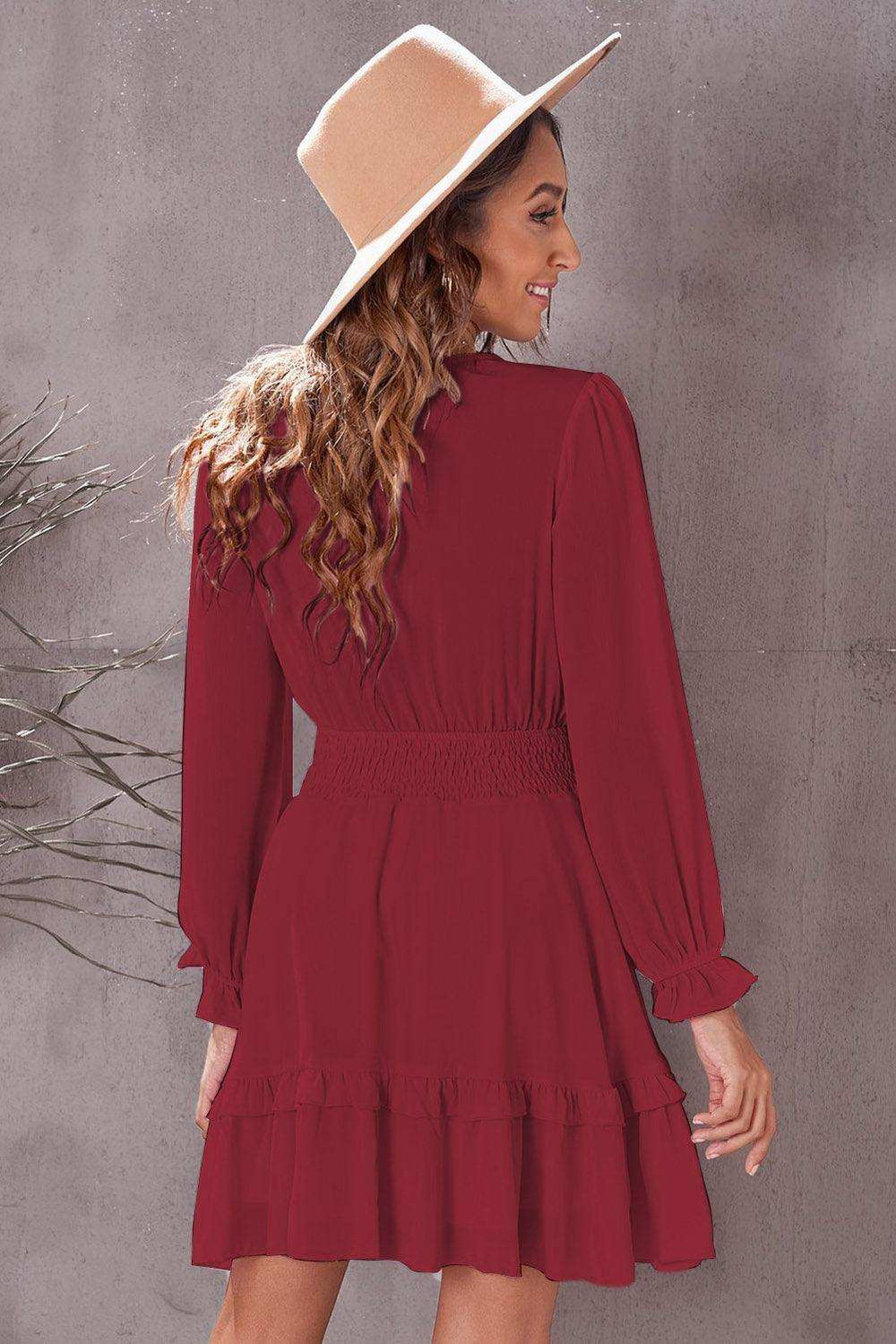 Tied Plunge Smocked Waist Flounce Sleeve Dress - Trendsi - Flyclothing LLC
