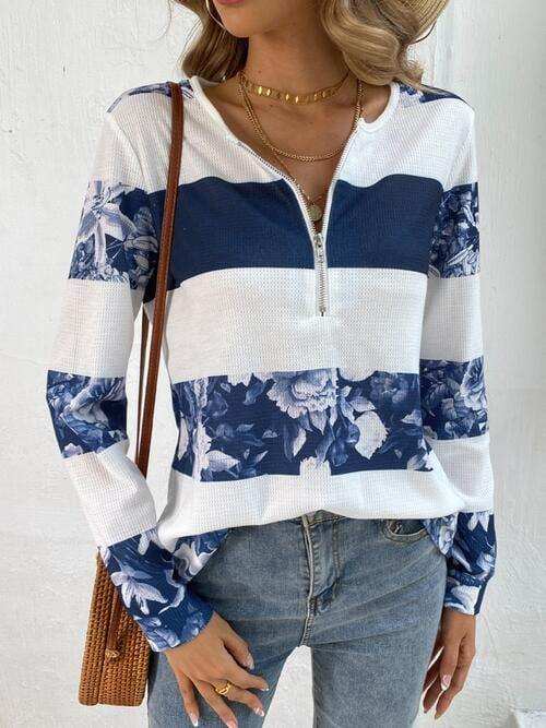 Printed Half Zip Long Sleeve T-Shirt - Trendsi - Flyclothing LLC