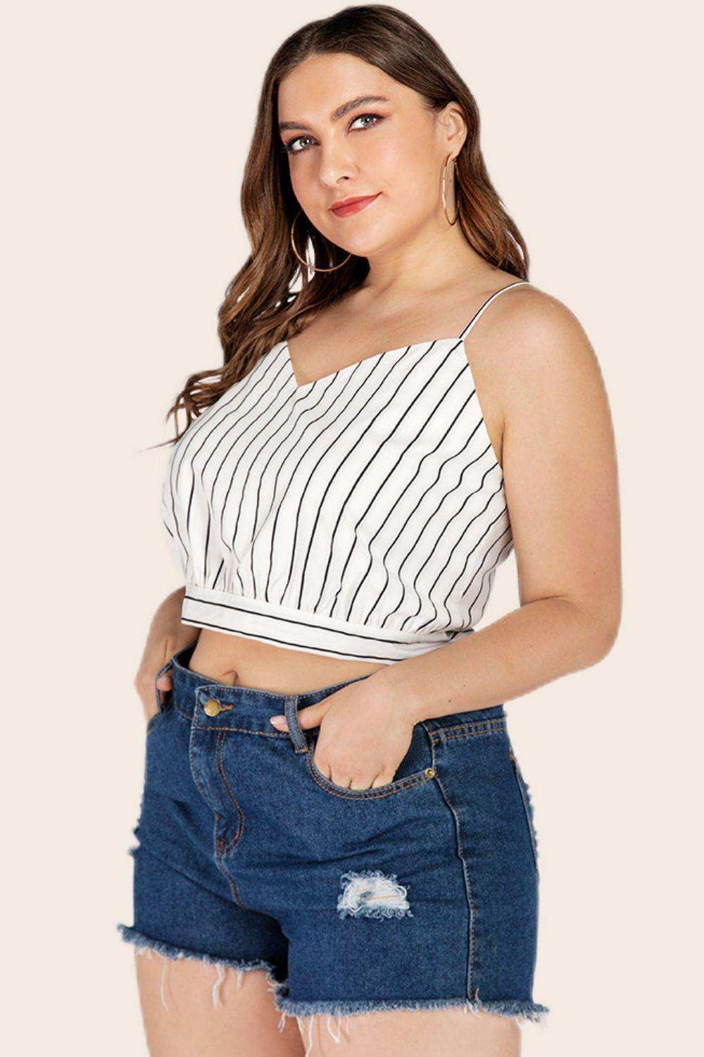 Plus Size Striped Tie-Back Cropped Cami - Trendsi - Flyclothing LLC
