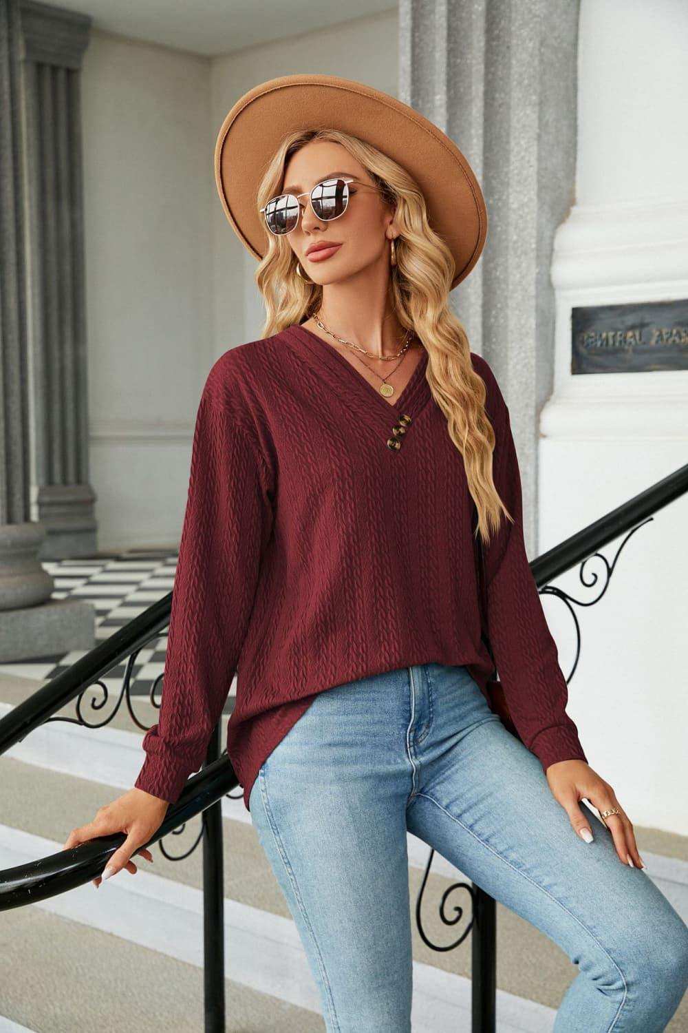 Decorative Button V-Neck Long Sleeve T-Shirt - Trendsi - Flyclothing LLC