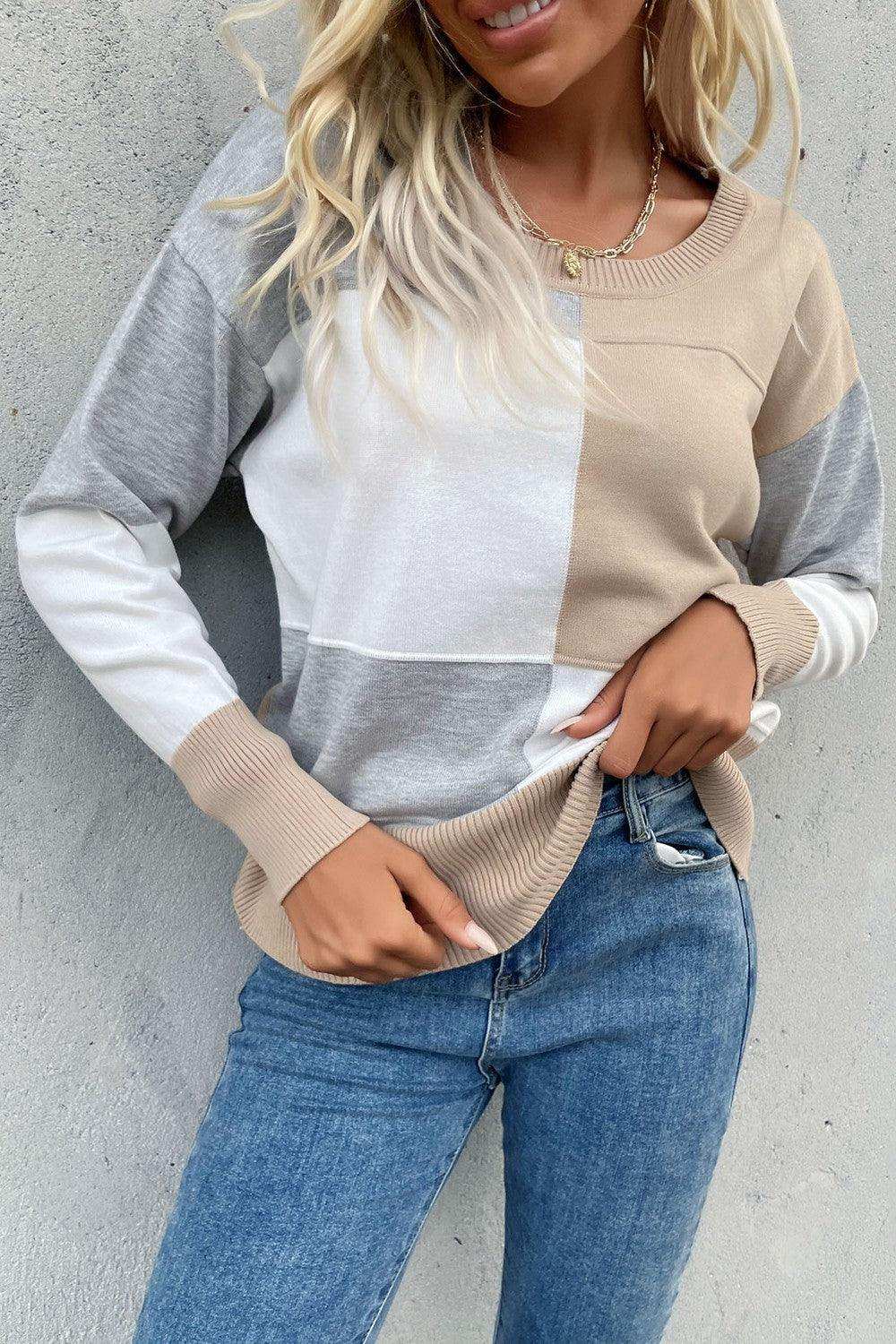 Color Block Ribbed Trim Round Neck Knit Pullover - Trendsi - Flyclothing LLC