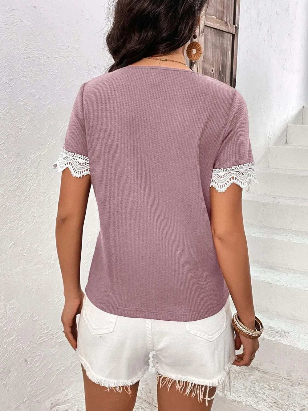 Lace Detail V-Neck Short Sleeve T-Shirt - Trendsi - Flyclothing LLC