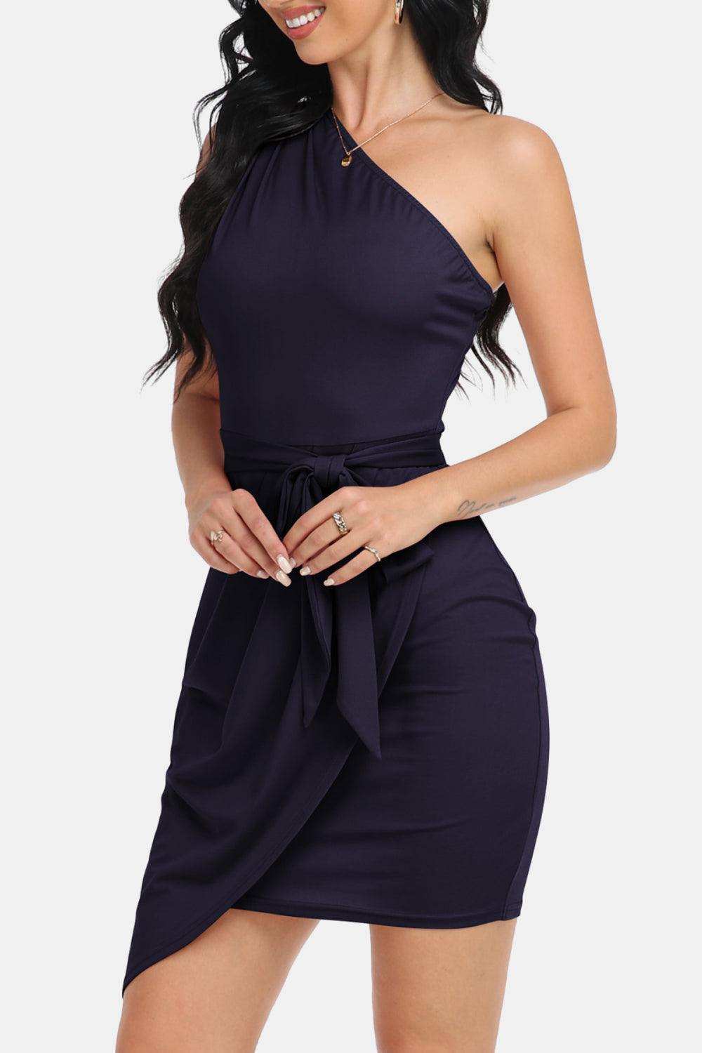 Tie Front One-Shoulder Sleeveless Dress - Trendsi - Flyclothing LLC