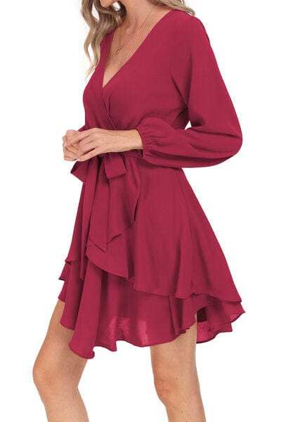 Tied Surplice Balloon Sleeve Layered Dress - Trendsi - Flyclothing LLC