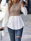 Contrast Round Neck Puff Sleeve Blouse - Trendsi - Flyclothing LLC