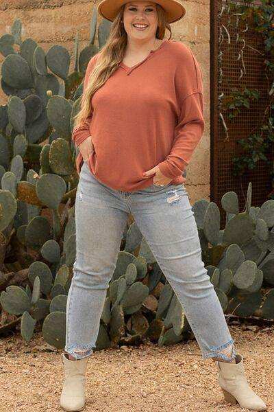 Plus Size Notched Long Sleeve T-Shirt - Trendsi - Flyclothing LLC