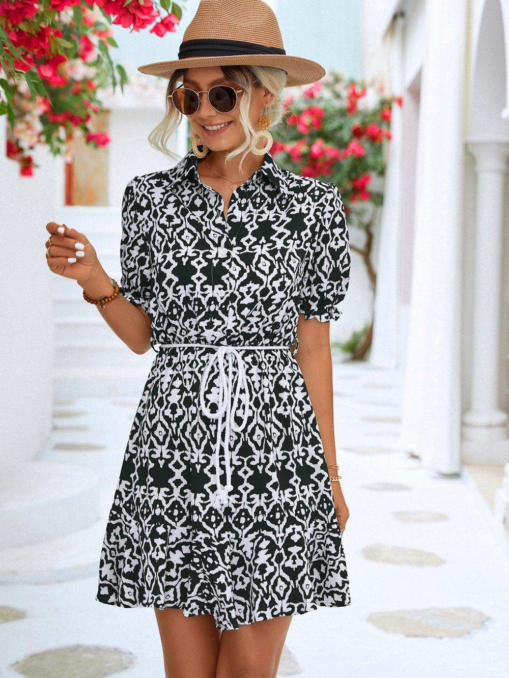 Printed Tie Waist Collared Flounce Sleeve Dress - Trendsi - Flyclothing LLC