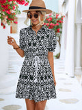 Printed Tie Waist Collared Flounce Sleeve Dress - Trendsi - Flyclothing LLC