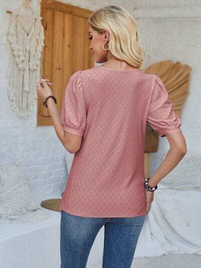 Eyelet Asymmetrical Neck Short Sleeve T-Shirt - Trendsi - Flyclothing LLC