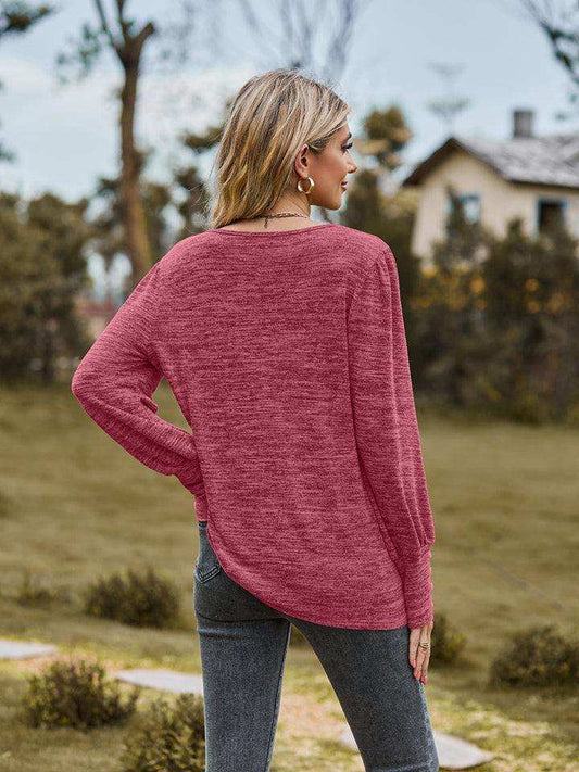 Round Neck Long Sleeve Buttoned T-Shirt - Trendsi - Flyclothing LLC