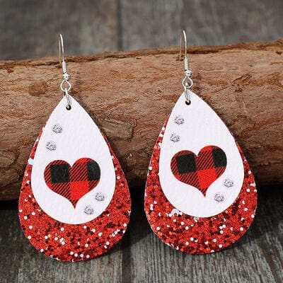 Heart Sequin Leather Teardrop Earrings - Trendsi - Flyclothing LLC