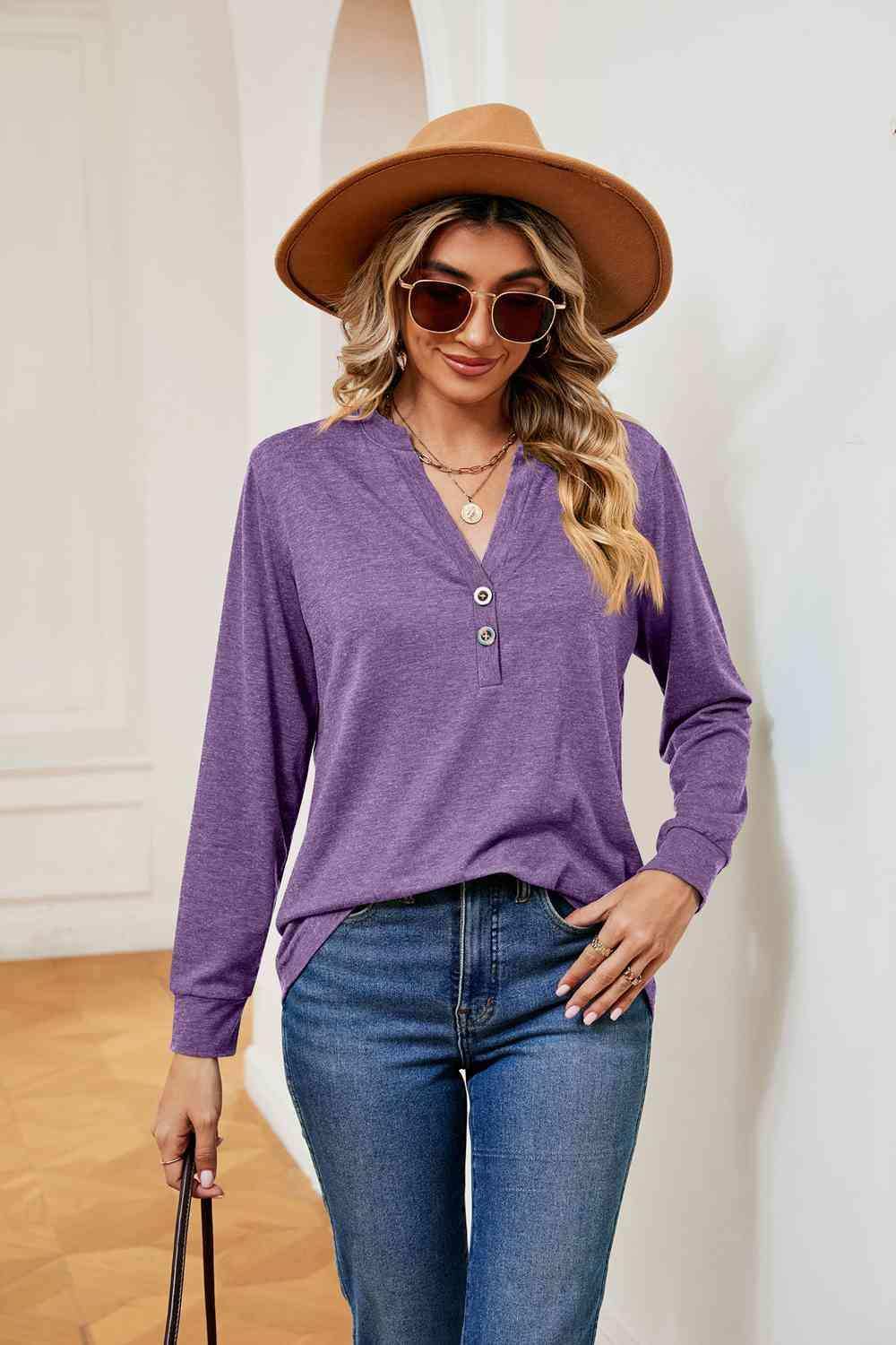Buttoned Notched Neck Long Sleeve Top - Trendsi - Flyclothing LLC