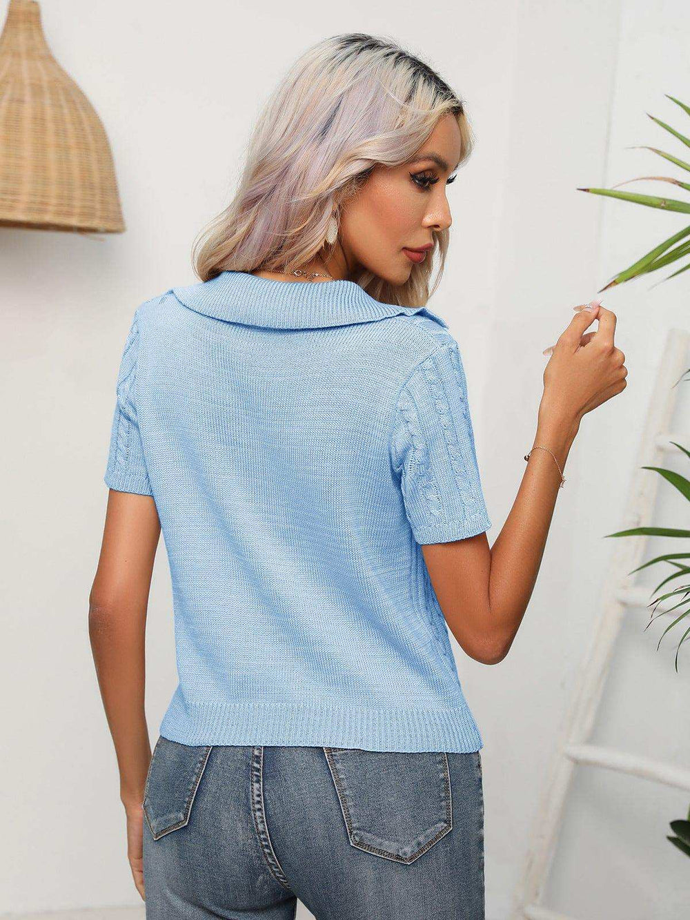 Cable-Knit Johnny Collar Short Sleeve Knit Top - Trendsi - Flyclothing LLC