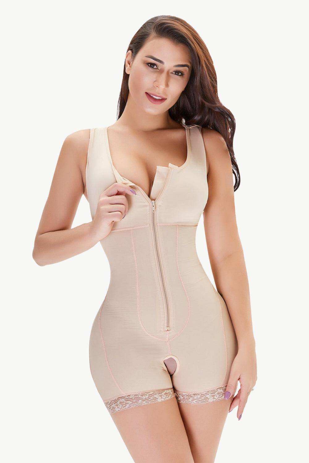Full Size Zip-Up Scoop Neck Lace Trim Shapewear - Trendsi - Flyclothing LLC
