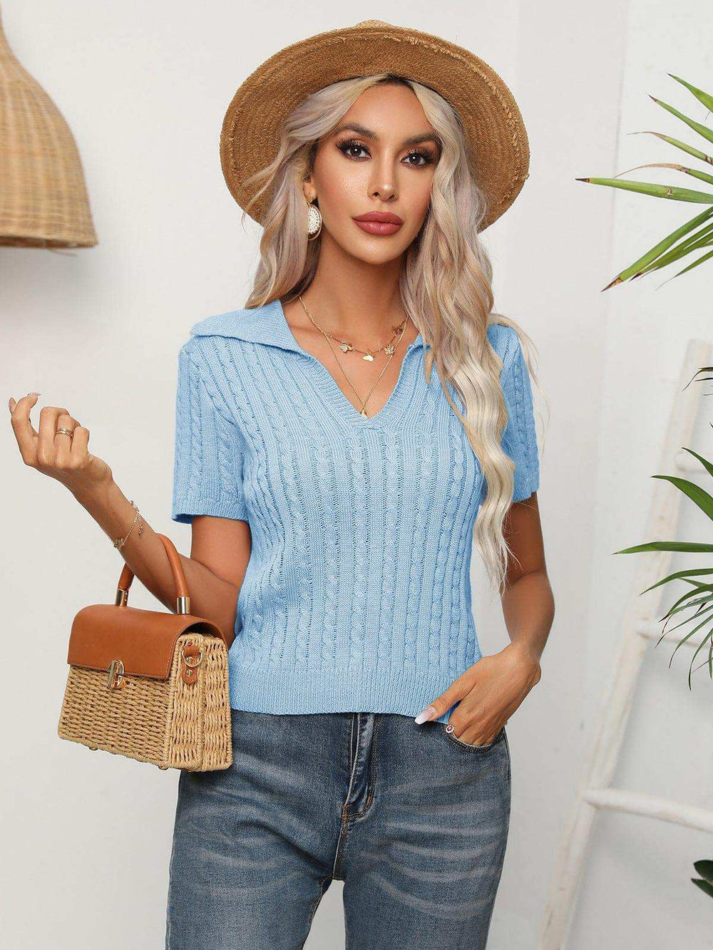 Cable-Knit Johnny Collar Short Sleeve Knit Top - Trendsi - Flyclothing LLC