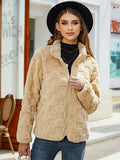 Fuzzy Checkered Zip Up Jacket - Trendsi - Flyclothing LLC
