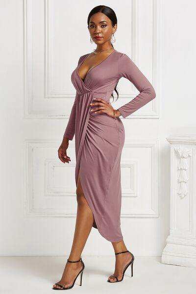 High-low Ruched Surplice Long Sleeve Dress - Trendsi - Flyclothing LLC