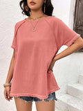 Round Neck Raglan Sleeve Fringe Detail Top - Trendsi - Flyclothing LLC