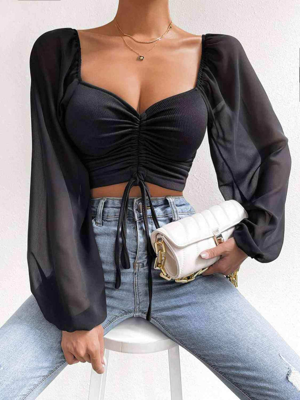 Drawstring Sweetheart Neck Cropped Top - Trendsi - Flyclothing LLC
