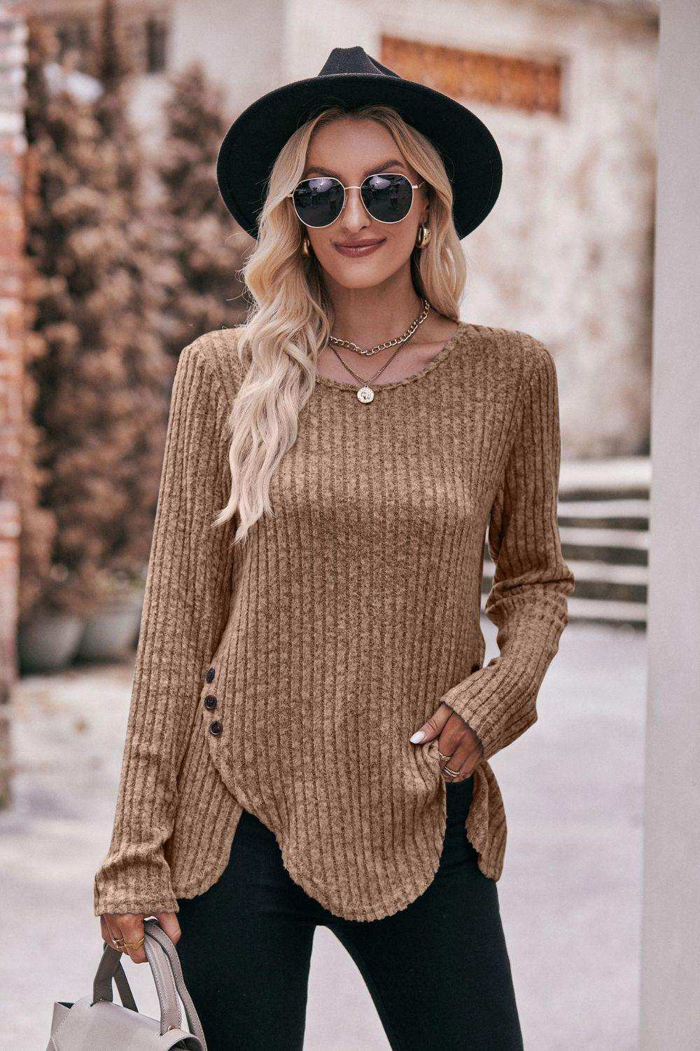 Buttoned Hem Detail Ribbed Top - Trendsi - Flyclothing LLC