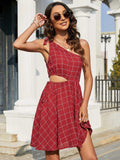 Grid One-Shoulder Tied Cutout Dress - Trendsi - Flyclothing LLC
