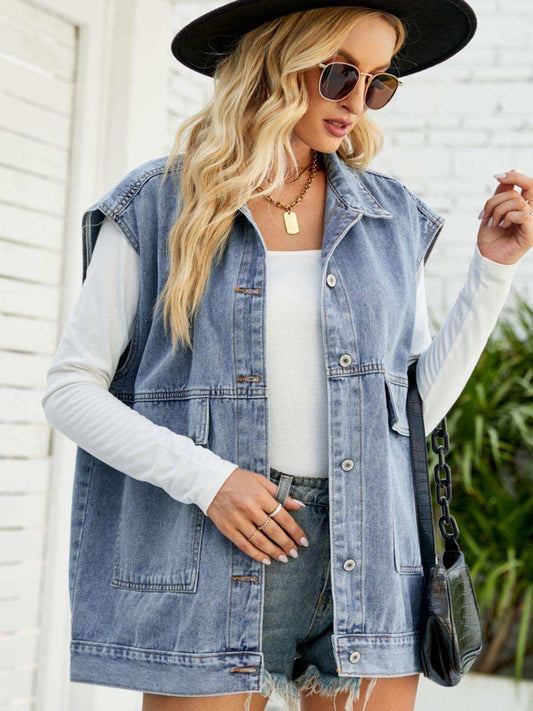 Collared Neck Sleeveless Denim Top with Pockets - Trendsi - Flyclothing LLC