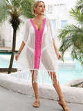 Contrast Fringe Trim Openwork Cover-Up Dress - Trendsi - Flyclothing LLC