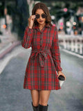 Plaid Tie Front Collared Neck Long Sleeve Dress - Trendsi - Flyclothing LLC
