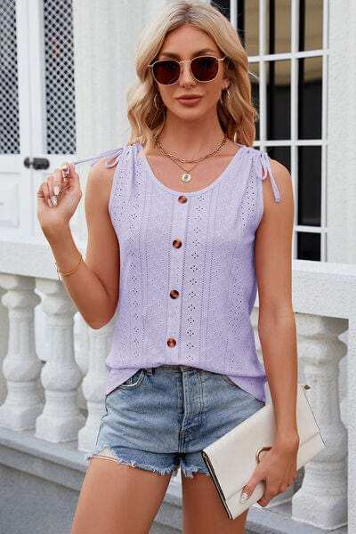 Eyelet Round Neck Wide Strap Tank - Trendsi - Flyclothing LLC