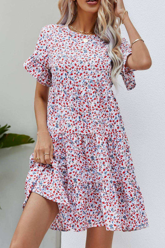 Ditsy Floral Flounce Sleeve Tiered Dress - Trendsi - Flyclothing LLC