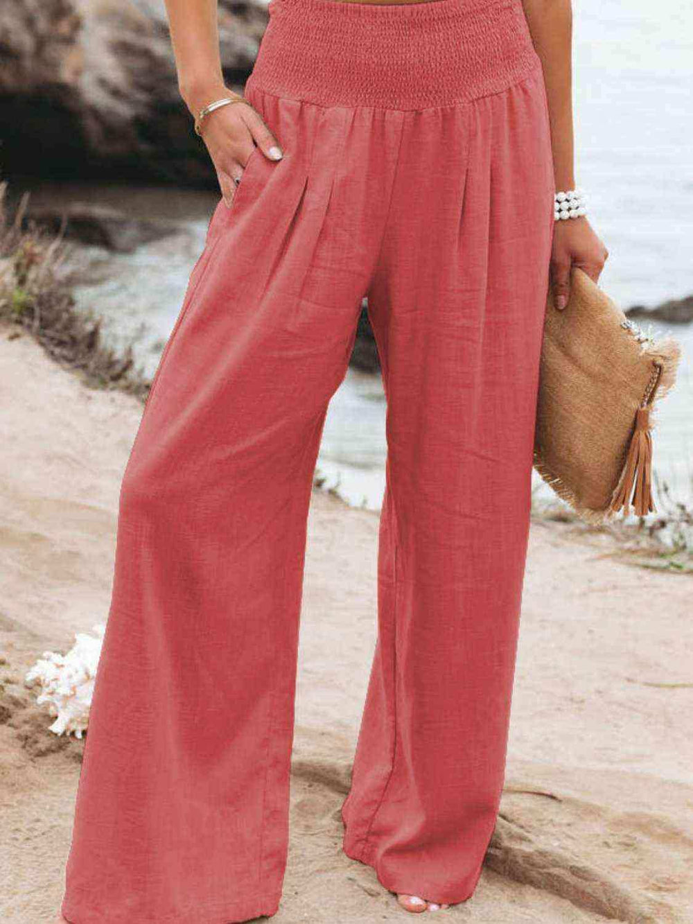 Full Size Smocked Waist Wide Leg Pants - Trendsi - Flyclothing LLC