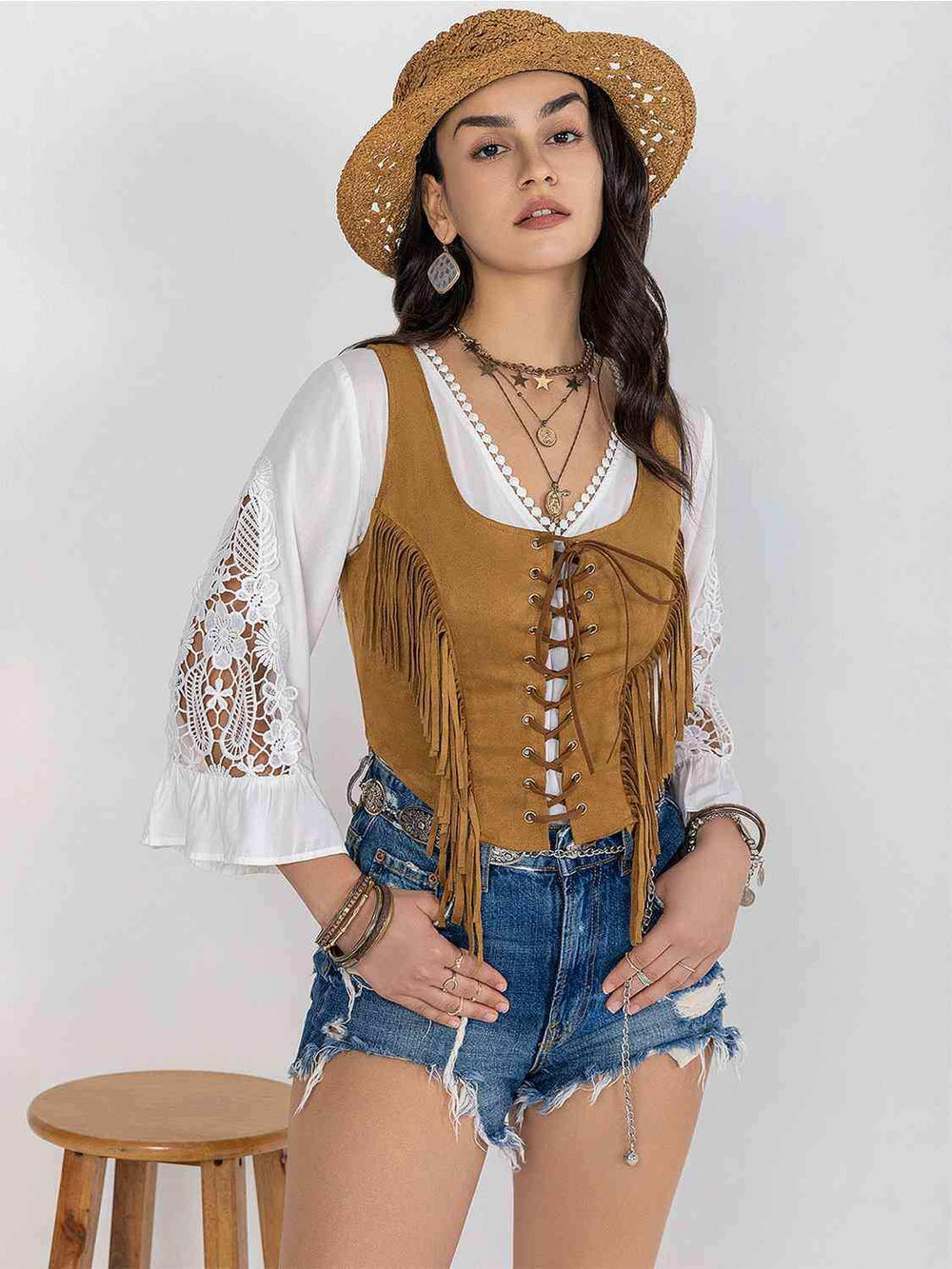 Fringe Lace-Up Vest - Trendsi - Flyclothing LLC