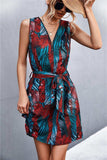 Printed Zip Detail Belted Sleeveless Dress - Trendsi - Flyclothing LLC