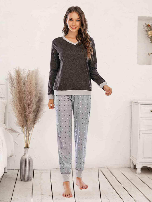 Long Sleeve Top and Polka Dot Pants Set - Trendsi - Flyclothing LLC