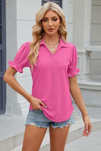 Eyelet Johnny Collar Short Sleeve Blouse - Trendsi - Flyclothing LLC