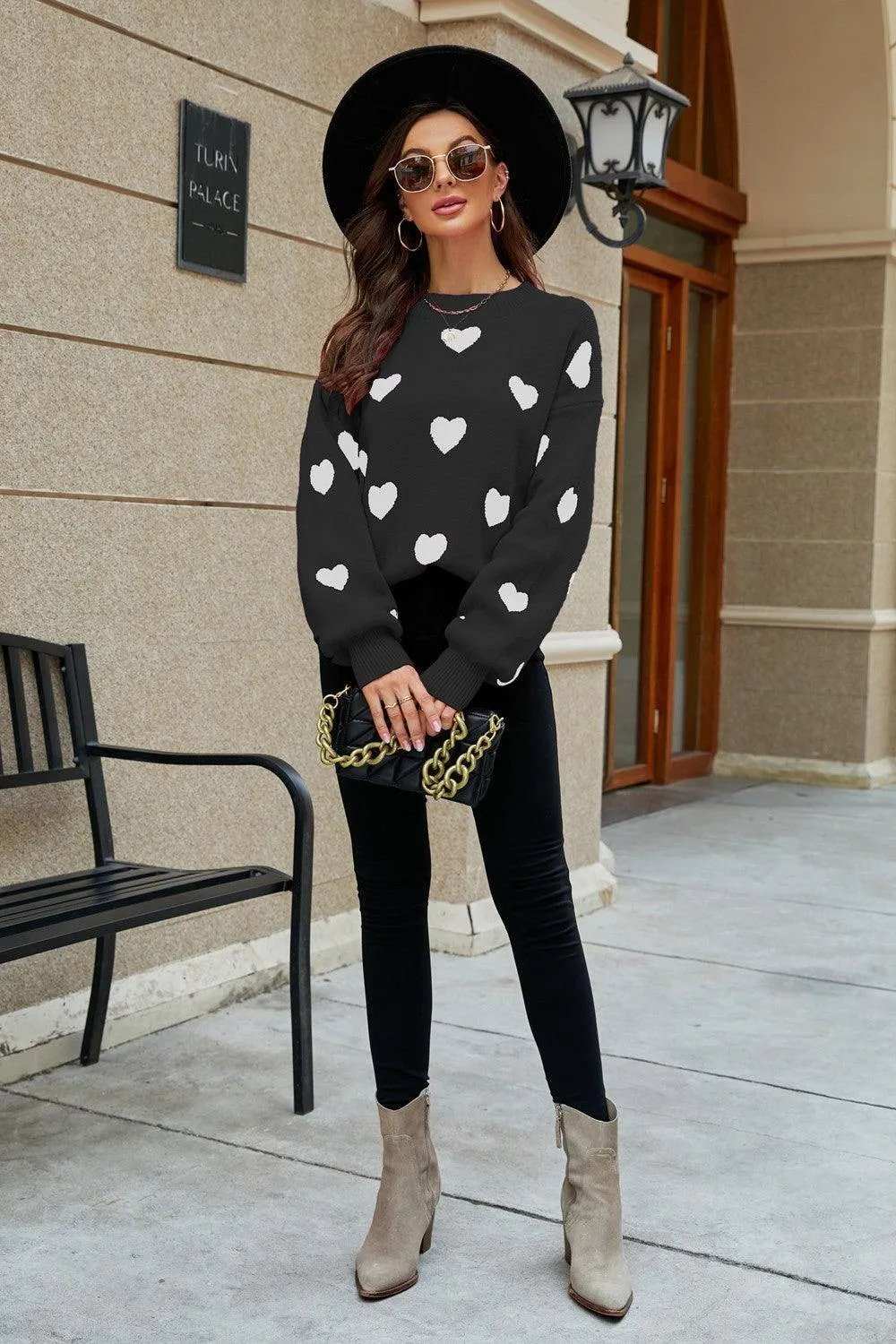 Heart Pattern Lantern Sleeve Round Neck Tunic Sweater - Trendsi - Flyclothing LLC