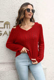 Cold Shoulder V-Neck Cable-Knit Pullover Sweater - Trendsi - Flyclothing LLC