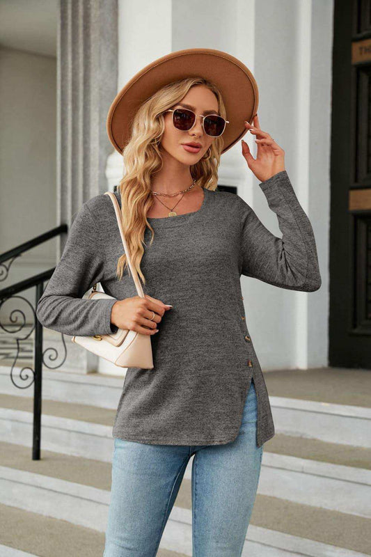 Square Neck Long Sleeve Slit T-Shirt - Trendsi - Flyclothing LLC