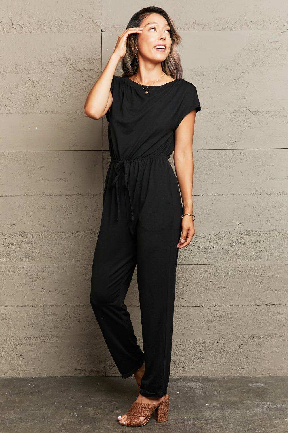 Boat Neck Short Sleeve Jumpsuit with Pockets - Trendsi - Flyclothing LLC