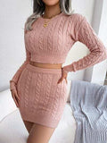 Cable-Knit Round Neck Top and Skirt Sweater Set - Trendsi - Flyclothing LLC