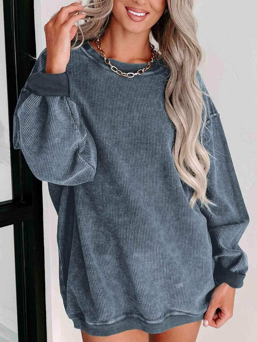 Round Neck Dropped Shoulder Sweatshirt - Trendsi - Flyclothing LLC
