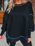 Slit Round Neck Lantern Sleeve Sweatshirt - Trendsi - Flyclothing LLC