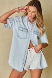 Slit Snap Down Short Sleeve Denim Top - Trendsi - Flyclothing LLC