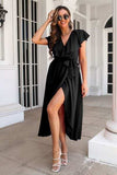 Ruffled Surplice Tie Waist Slit Midi Dress - Trendsi - Flyclothing LLC