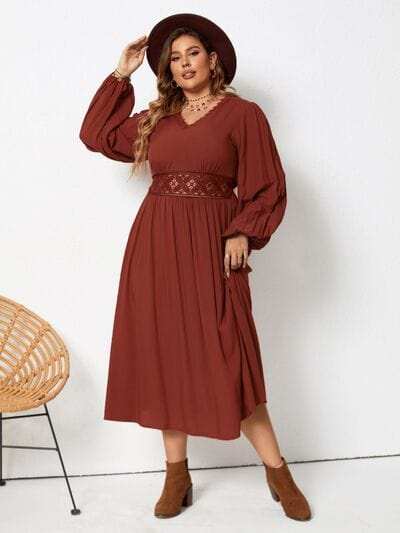 Plus Size Lace Detail V-Neck Balloon Sleeve Dress - Trendsi - Flyclothing LLC