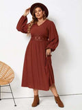 Plus Size Lace Detail V-Neck Balloon Sleeve Dress - Trendsi - Flyclothing LLC