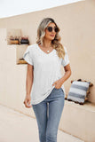 Eyelet Petal Sleeve V-Neck Knit Top - Trendsi - Flyclothing LLC